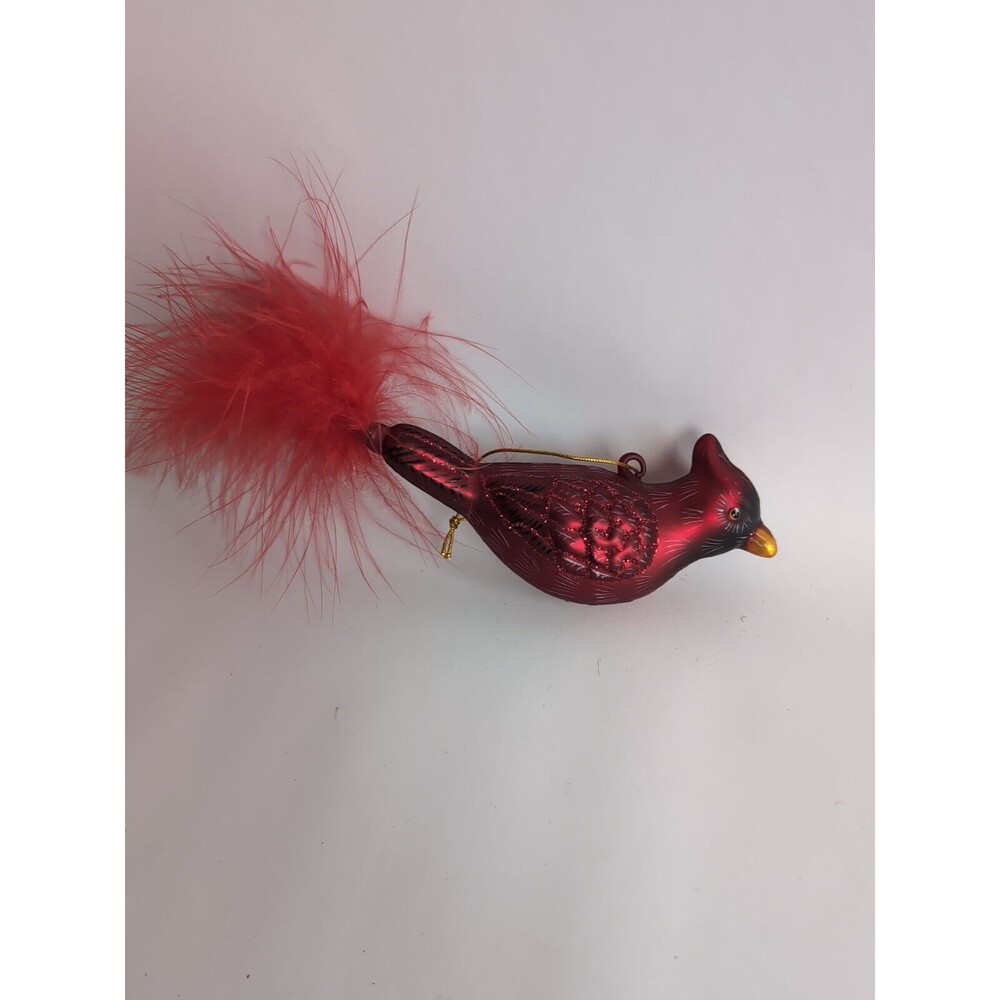 Cardinal Bird Christmas Ornament Red Feather Tail  Blown Glass Dept 56
